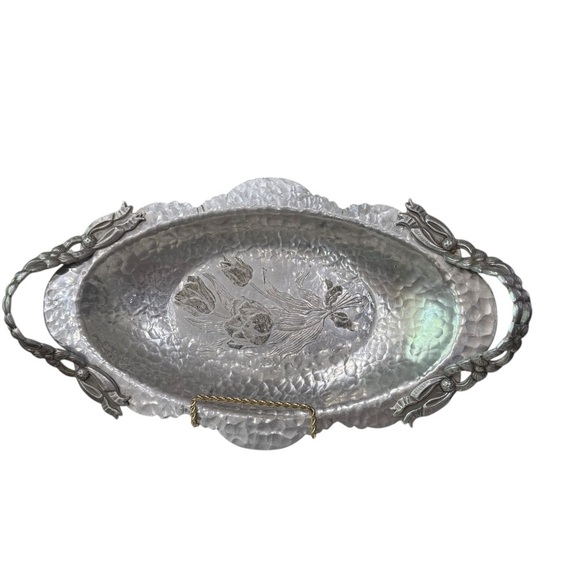Rodney Kent Hand Wrought Oval Aluminum Tray Handles Tulip Floral Design hammers - Picture 1 of 5